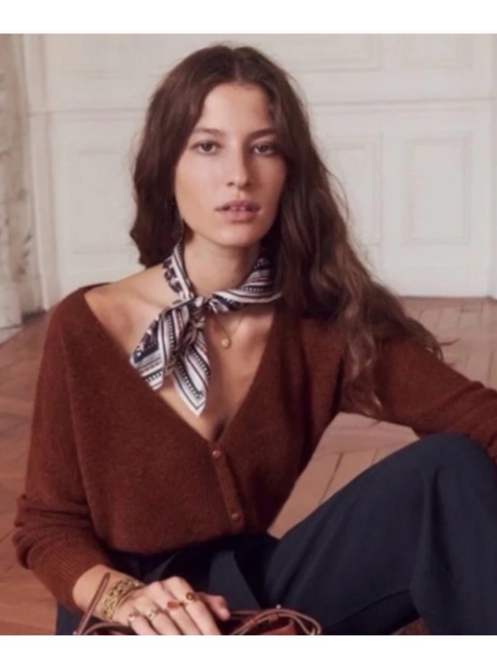 Sezane Rust Brown V-Neck Button Sweater - Picture 2 of 5